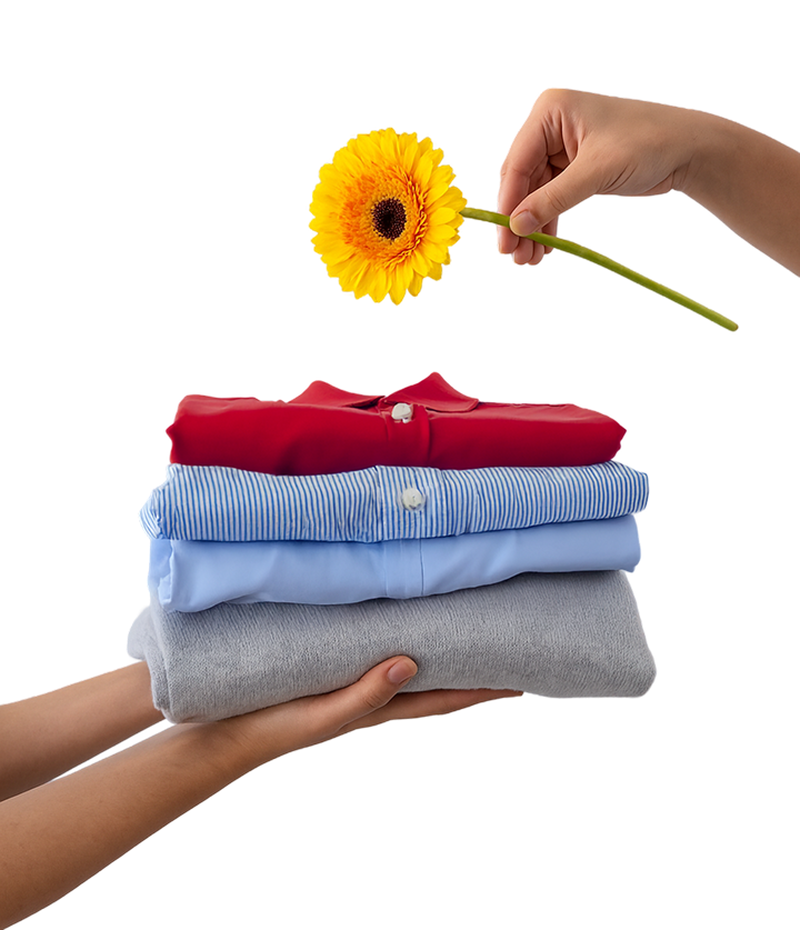 Hand holding yellow flower over stacked folded clothes